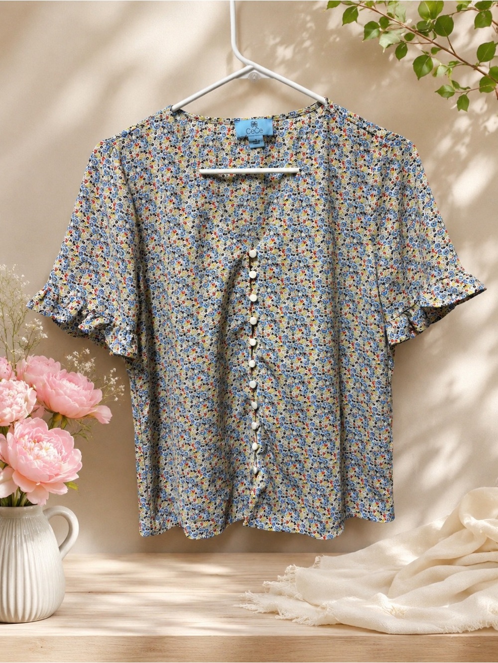 CeCe Multicolor Floral Button-Front Short Sleeve Blouse